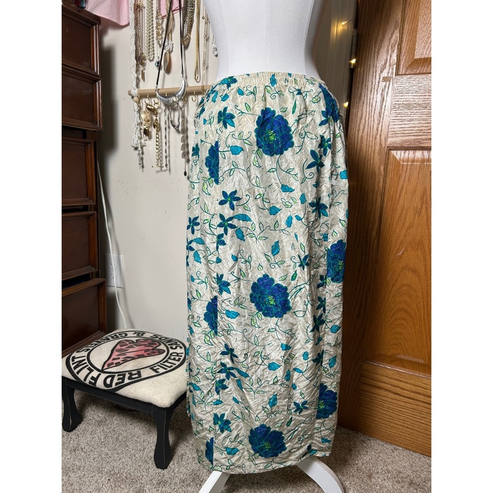 Vintage Womens Blue Green Floral 100% Silk Wrap Maxi Skirt Costal Boho S - Picture 3 of 9